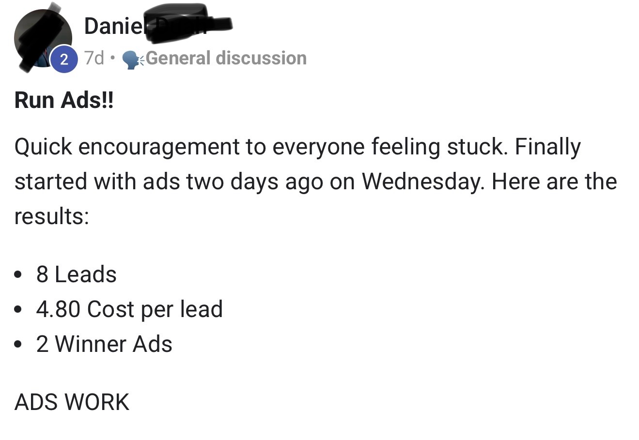 Student's public community post: 8 Leads, $4.80 cost per lead, 2 Winner Ads, ADS WORK